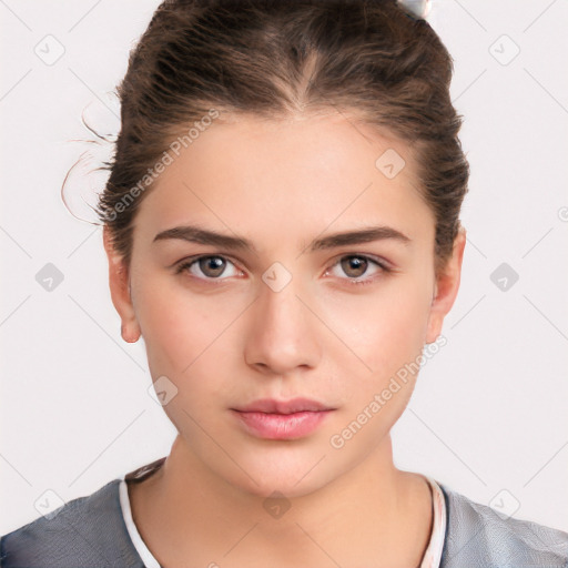 Neutral white young-adult female with medium  brown hair and brown eyes