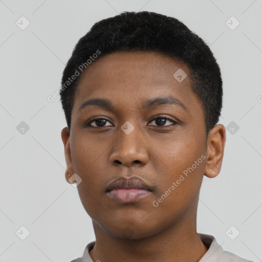 Neutral black young-adult male with short  black hair and brown eyes