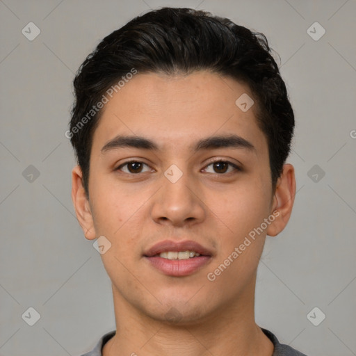 Joyful white young-adult male with short  black hair and brown eyes