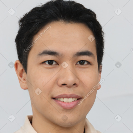 Joyful asian young-adult male with short  brown hair and brown eyes