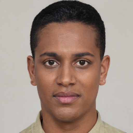 Neutral black young-adult male with short  black hair and brown eyes