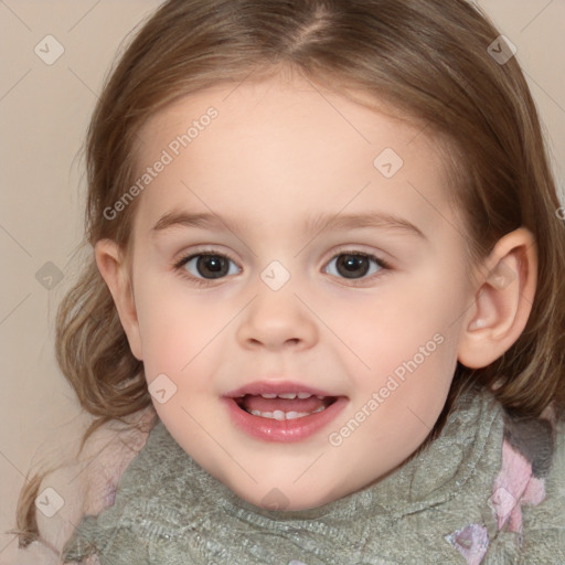 Joyful white child female with medium  brown hair and brown eyes