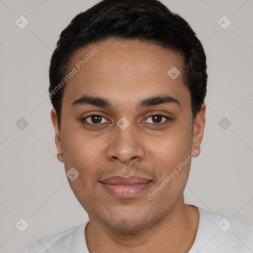 Neutral latino young-adult male with short  black hair and brown eyes