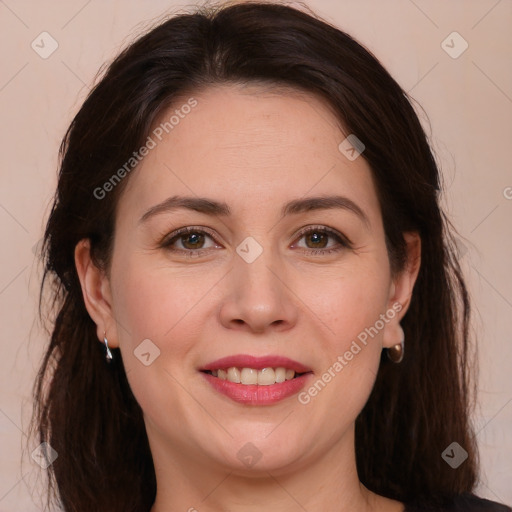 Joyful white young-adult female with long  brown hair and brown eyes