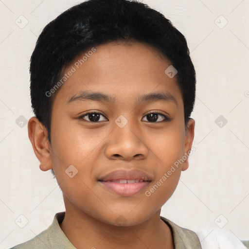 Joyful latino young-adult male with short  brown hair and brown eyes