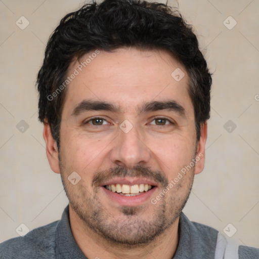 Joyful white young-adult male with short  black hair and brown eyes