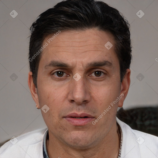 Joyful white adult male with short  brown hair and brown eyes