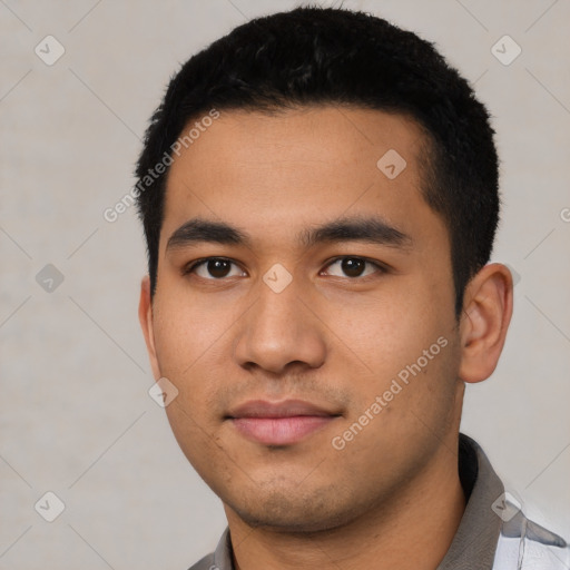 Neutral asian young-adult male with short  black hair and brown eyes