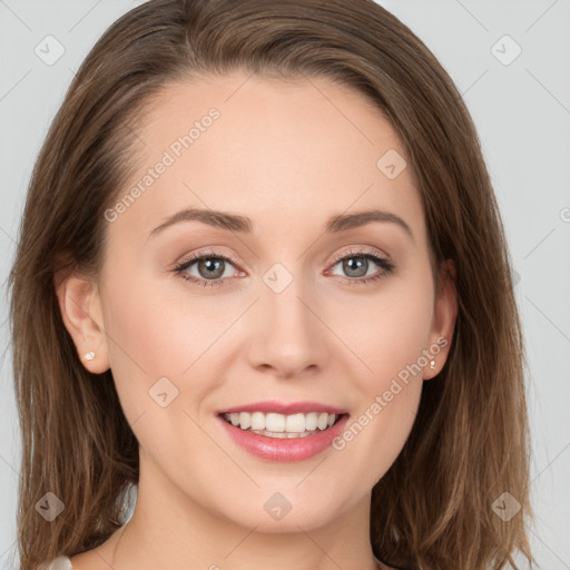 Joyful white young-adult female with long  brown hair and grey eyes