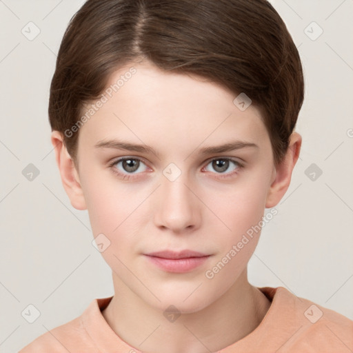 Neutral white young-adult female with short  brown hair and brown eyes