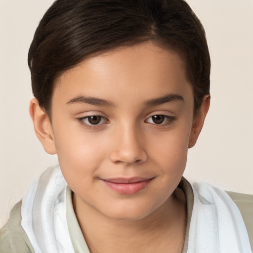 Joyful white child female with short  brown hair and brown eyes