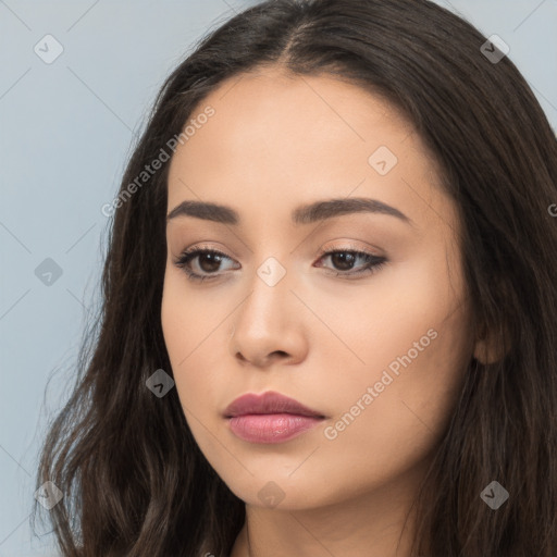 Neutral white young-adult female with long  brown hair and brown eyes