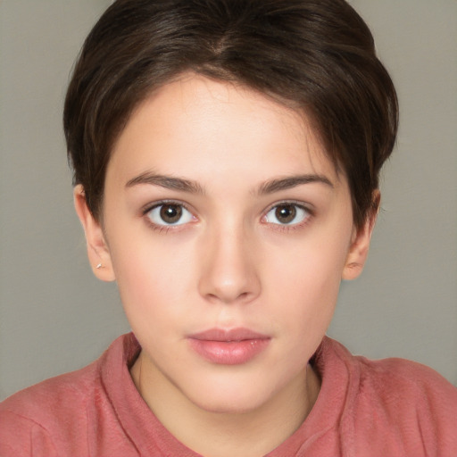 Neutral white young-adult female with short  brown hair and brown eyes