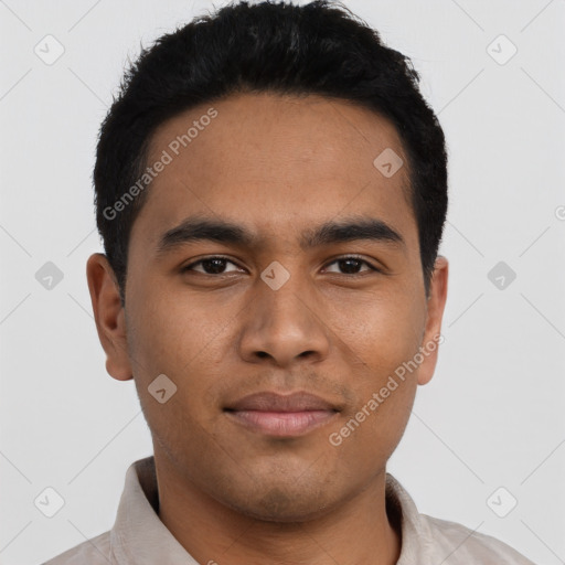 Neutral asian young-adult male with short  black hair and brown eyes