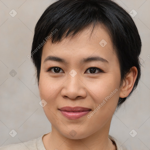 Joyful asian young-adult female with medium  brown hair and brown eyes