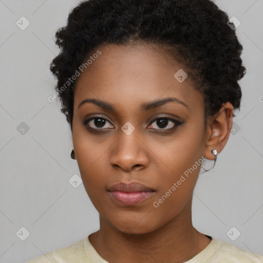 Neutral black young-adult female with short  black hair and brown eyes