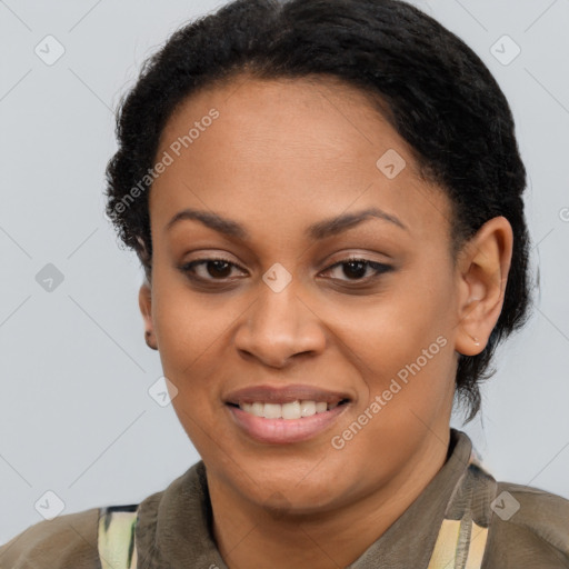 Joyful latino young-adult female with short  brown hair and brown eyes