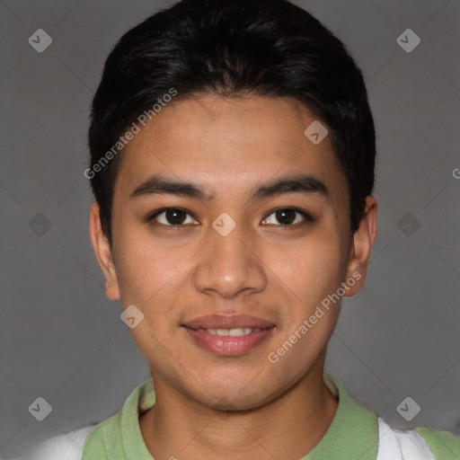 Joyful asian young-adult male with short  brown hair and brown eyes