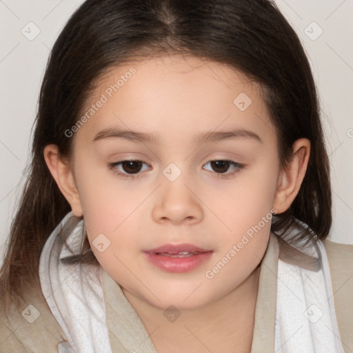 Joyful white child female with medium  brown hair and brown eyes