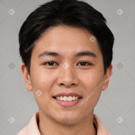 Joyful asian young-adult male with short  brown hair and brown eyes