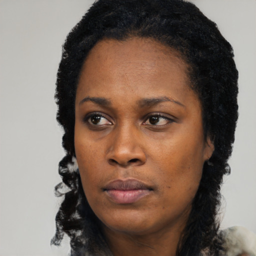Neutral black young-adult female with long  black hair and brown eyes