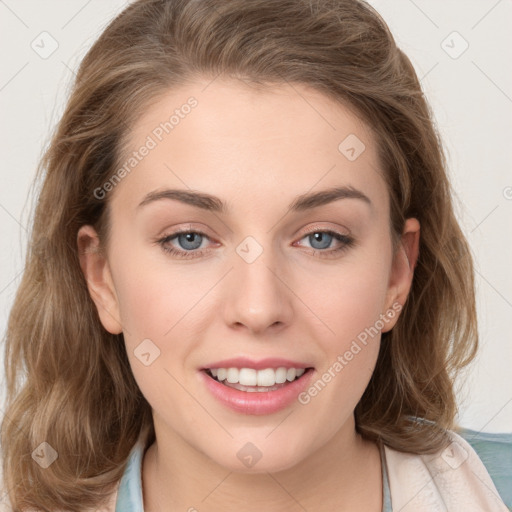 Joyful white young-adult female with long  brown hair and grey eyes