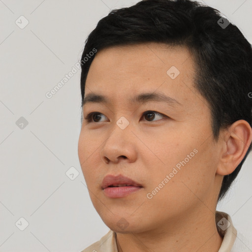 Neutral asian young-adult male with short  black hair and brown eyes