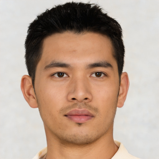 Neutral asian young-adult male with short  black hair and brown eyes