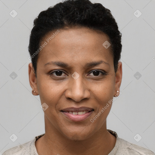 Joyful black young-adult female with short  black hair and brown eyes