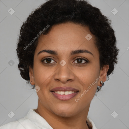 Joyful latino young-adult female with short  brown hair and brown eyes