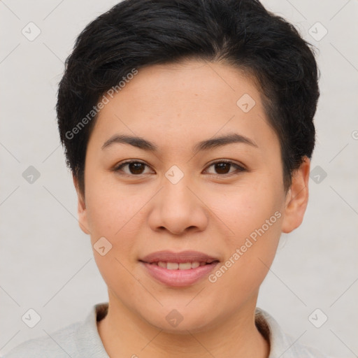 Joyful asian young-adult female with short  brown hair and brown eyes