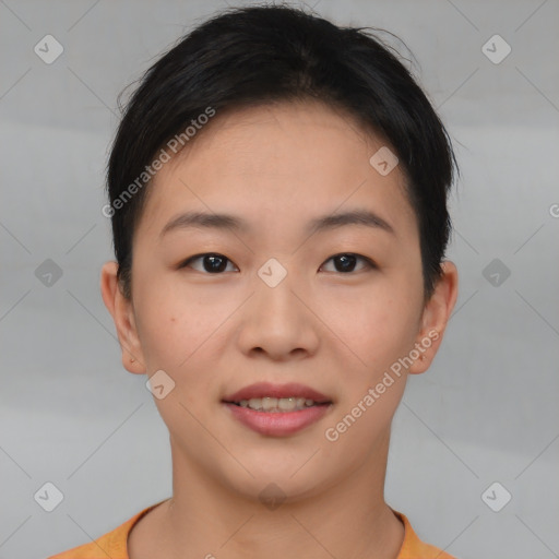 Joyful asian young-adult female with short  brown hair and brown eyes