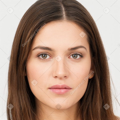 Neutral white young-adult female with long  brown hair and brown eyes