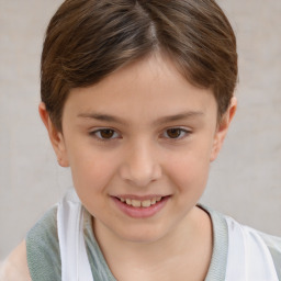 Joyful white child female with short  brown hair and brown eyes