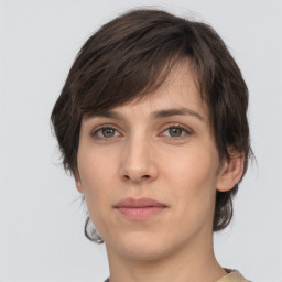 Neutral white young-adult female with short  brown hair and brown eyes