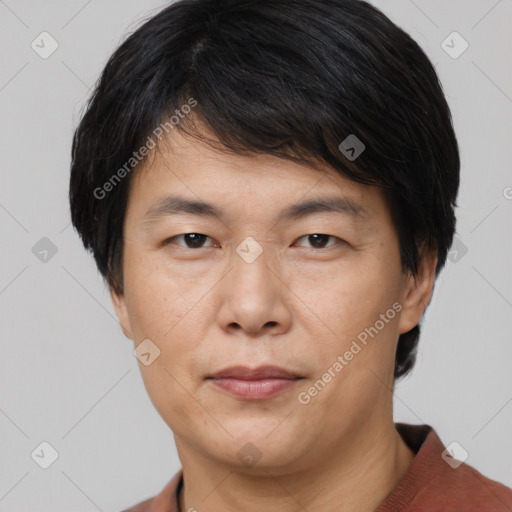 Joyful asian adult male with short  brown hair and brown eyes