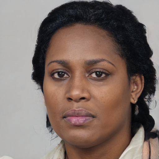 Neutral black young-adult female with long  black hair and brown eyes