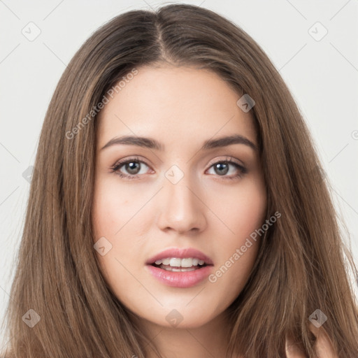 Neutral white young-adult female with long  brown hair and brown eyes