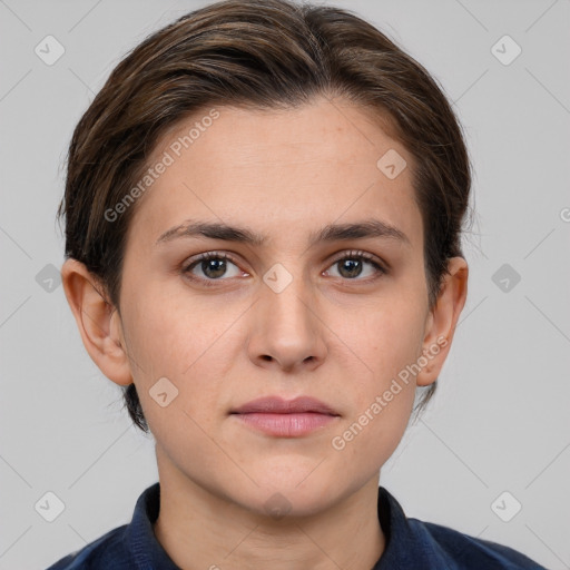 Neutral white young-adult female with medium  brown hair and brown eyes