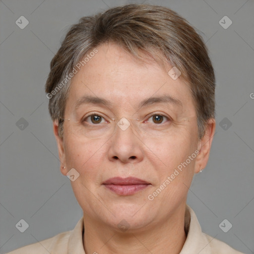 Joyful white adult female with short  brown hair and brown eyes