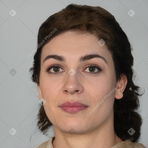 Neutral white young-adult female with medium  brown hair and brown eyes