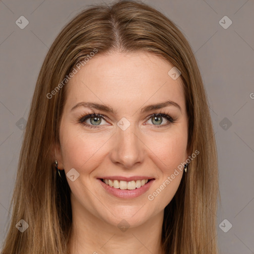 Joyful white young-adult female with long  brown hair and green eyes