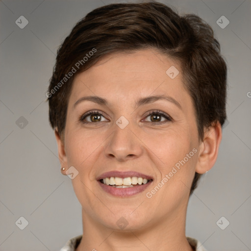 Joyful white young-adult female with short  brown hair and brown eyes