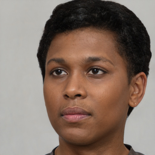 Neutral black young-adult female with short  black hair and brown eyes