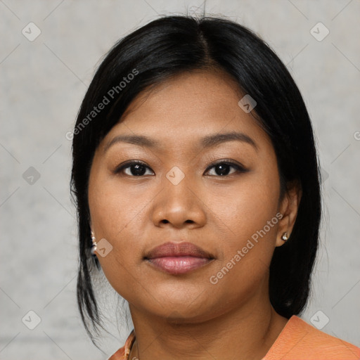 Neutral asian young-adult female with medium  black hair and brown eyes