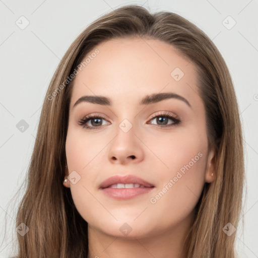 Neutral white young-adult female with long  brown hair and brown eyes