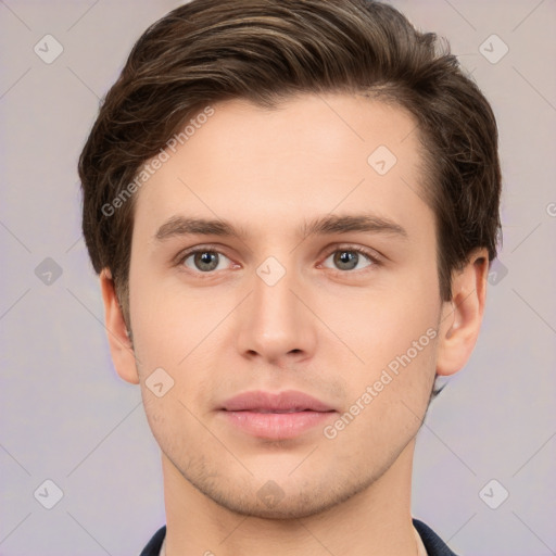 Neutral white young-adult male with short  brown hair and brown eyes