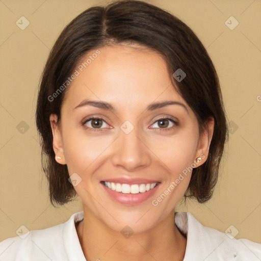 Joyful white young-adult female with medium  brown hair and brown eyes