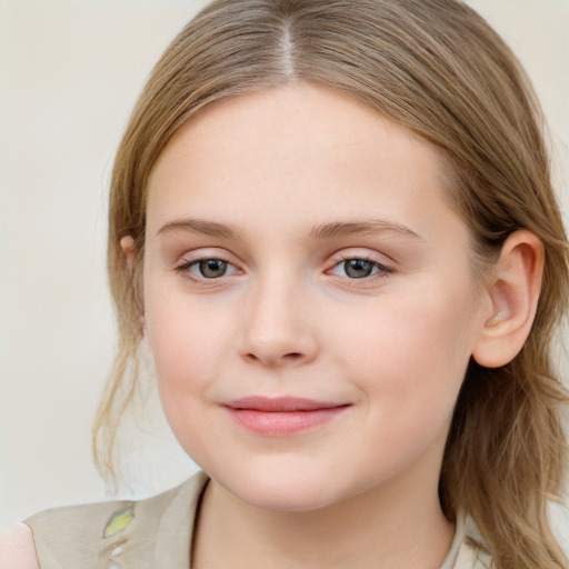 Joyful white child female with medium  brown hair and blue eyes