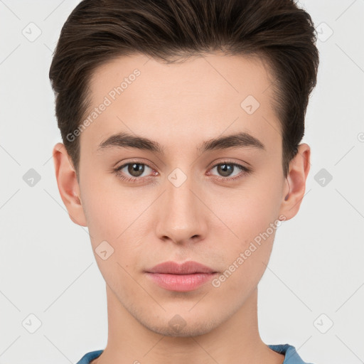 Neutral white young-adult male with short  brown hair and brown eyes